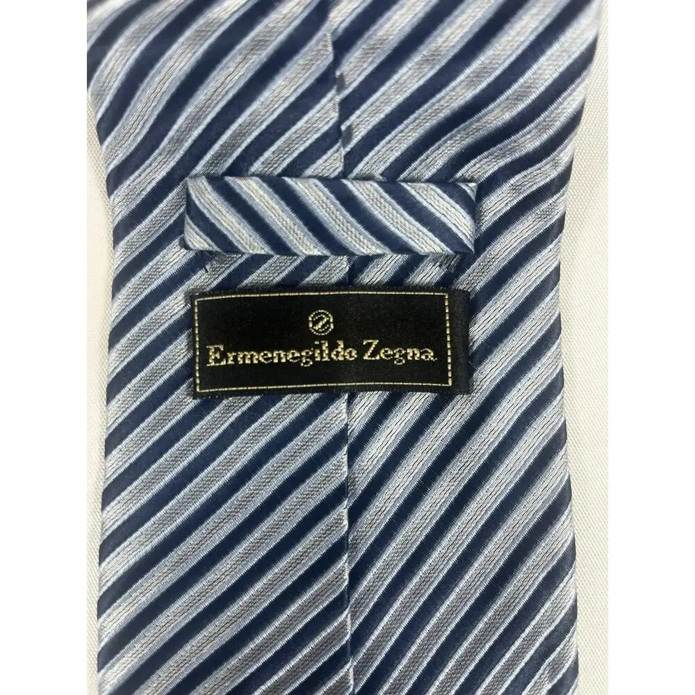 ERMENEGILDO ZEGNA Men's Grey and Blue Stripe LONG NeckTie 100% Silk in EUC 61
